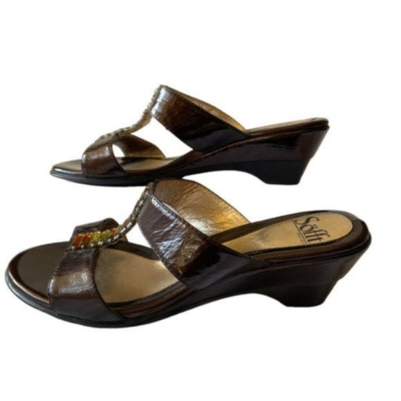 SOFFT Women's Brown Patent Leather Embellished Slide Wedge Sandals 8.5 W - Picture 8 of 10